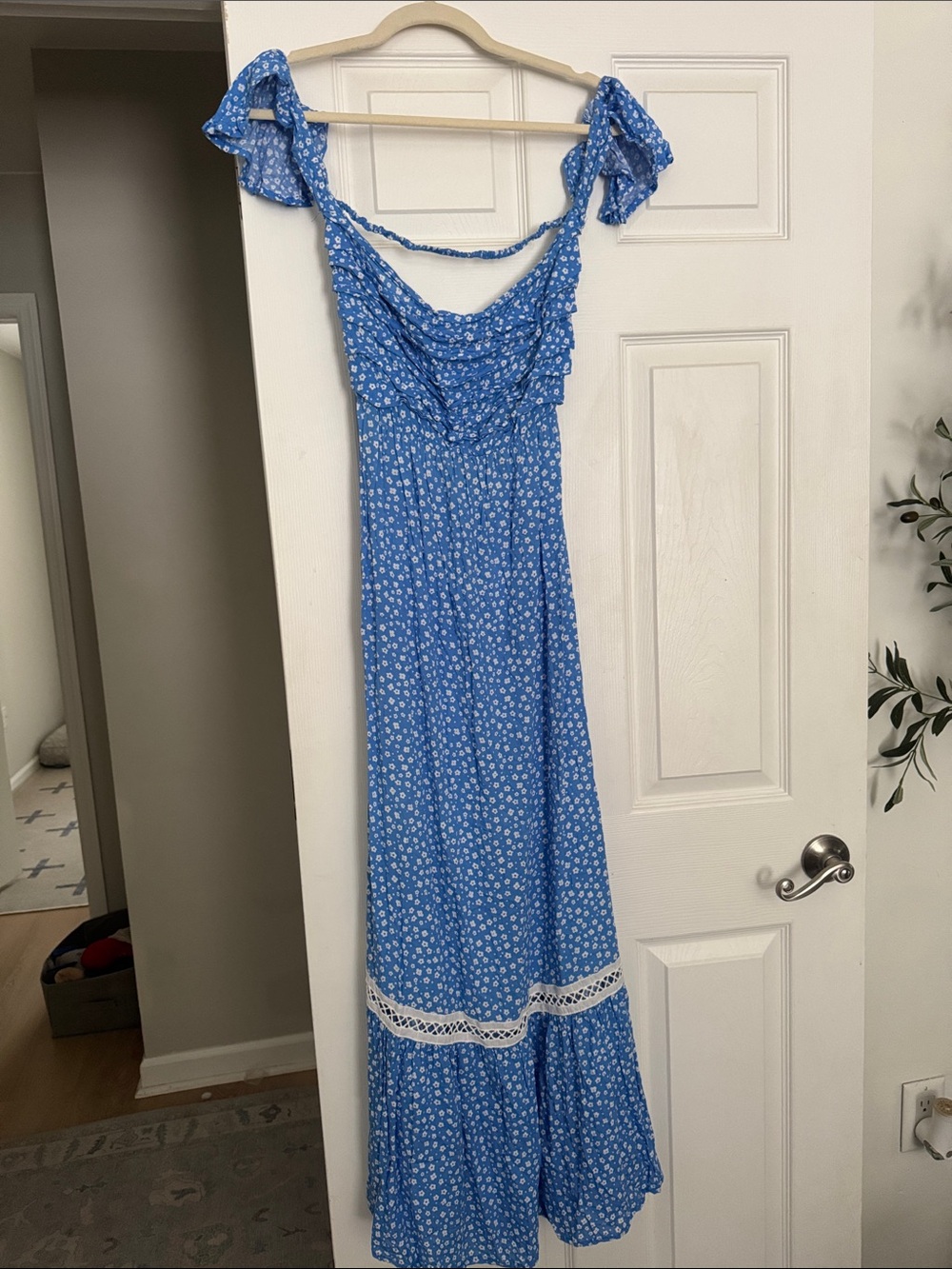 Tiare Hawaii Blue Floral Maxi Dress with White Ditsy Print